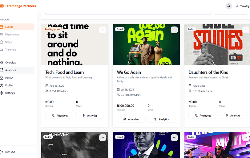 Tramango Partner dashboard with listings, ticket sales performance and recent activity